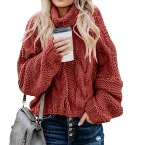 NWT Cable Knit Sweater With Loose Turtleneck In Muted Red ColorSize XXL